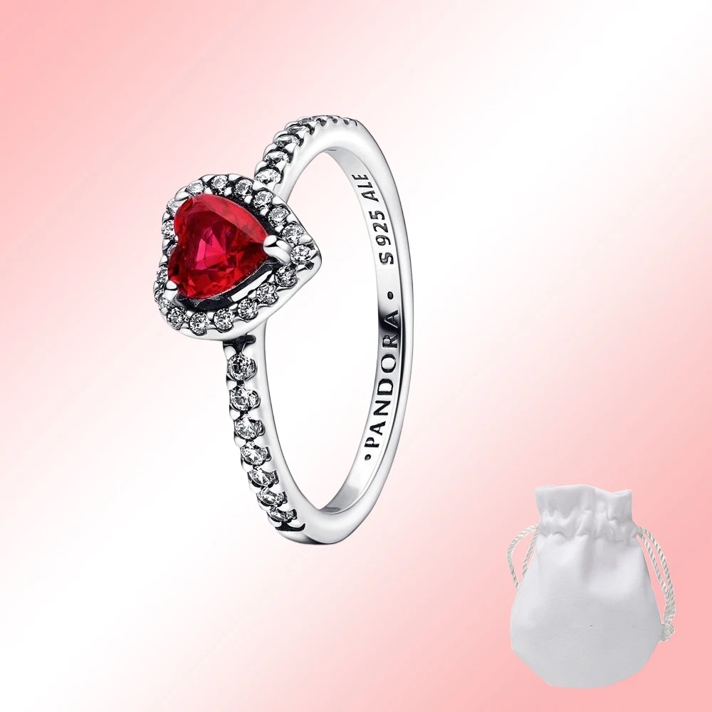 925 Sterling Silver Pandora Raised Red Crystal Heart Ring For Women Engagement and Valentine's Day Jewelry Gift