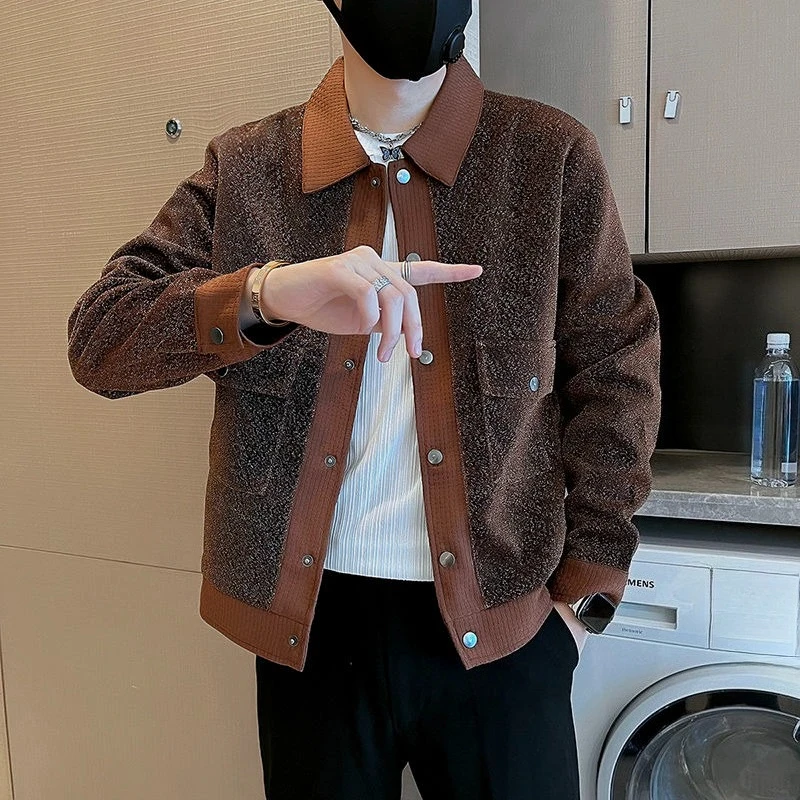 

New 2025 Men's Autumn Jacket Trendy Woolen Collared Blazer Streetwear Style Casual Outerwear