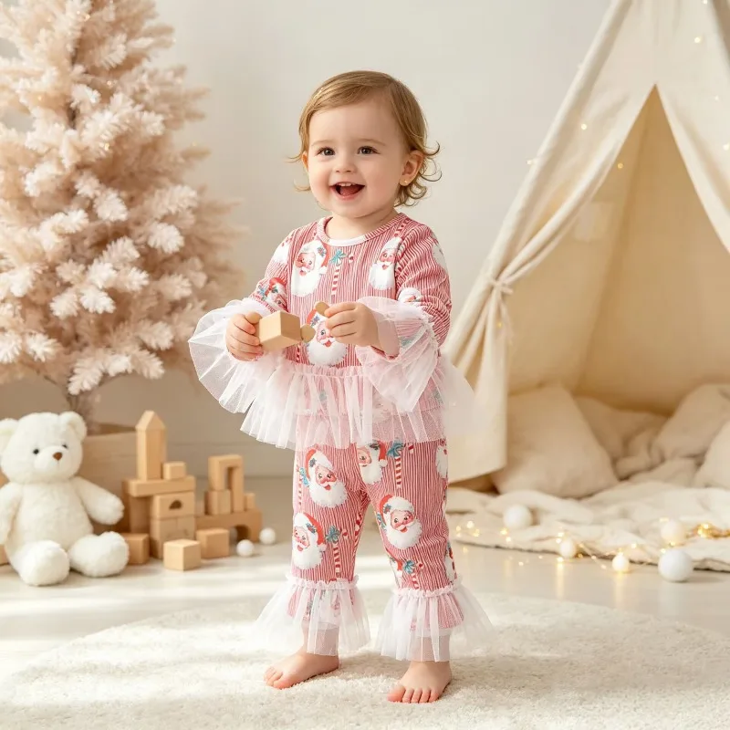 2Pcs Toddler Girls Christmas Outfit Sweet BellSleeve Top Mesh Ruffle Flare Pants Kids Holiday Festival Costume Casual Children