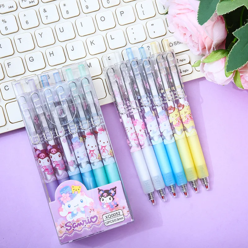 Stylo gel Sakura Festival Sanurgente Cartoon, Mymelody, Kuromi, Cinnamoroll, Pom Pom, Purin, Melon al, Signature Pen, 12 pièces par boîte