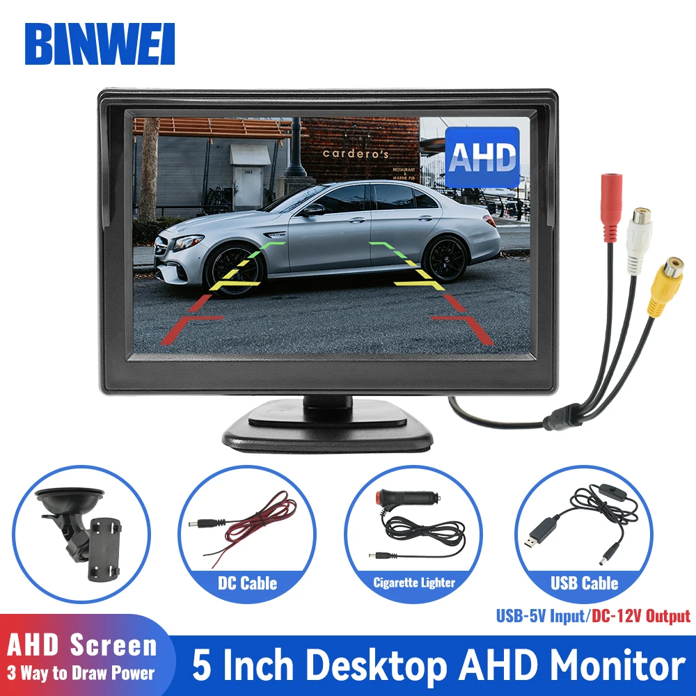 

BINWEI 5 Inch Car AHD Monitor Screen with 2 Way Video Input 5" TFT Display for Rear View Camera Vehicle Parking Reverse Backup