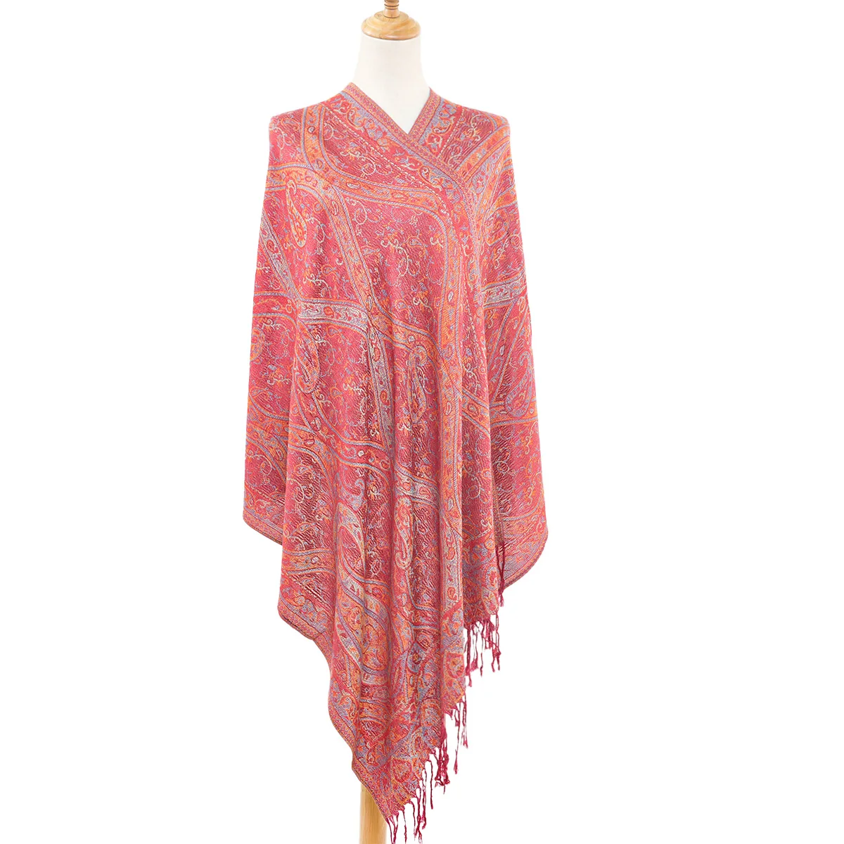 A vintage paisley cashew rayon Pashmina ethnic style fringed scarf and shawl, suitable for daily outer decoration