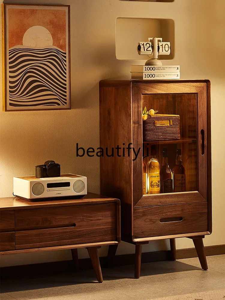

A26 North American black walnut wine cabinet Nordic simple living room solid wood wall storage low cabinet