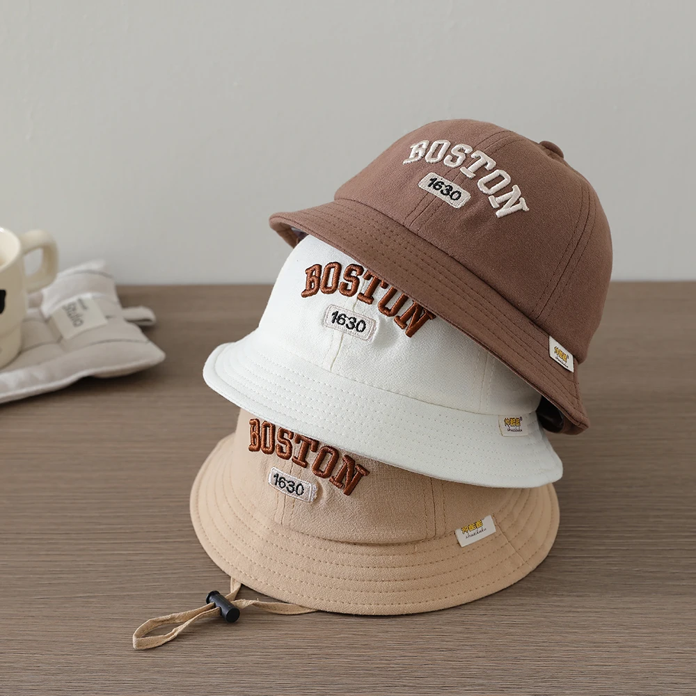 キッズフィッシャーマンキャップ春秋幼児ベビーボーイズボストン刺繍サンハット幼児アクセサリーガールズバケットハット