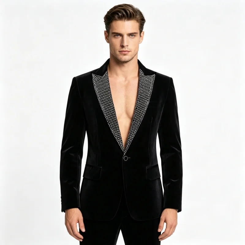 

Men's Stylish Wedding Blazers Suit Jackets Male Black Velvet Rhinestone Collar Banquet Prom Slim Fit Concert Singer Host Tuxede