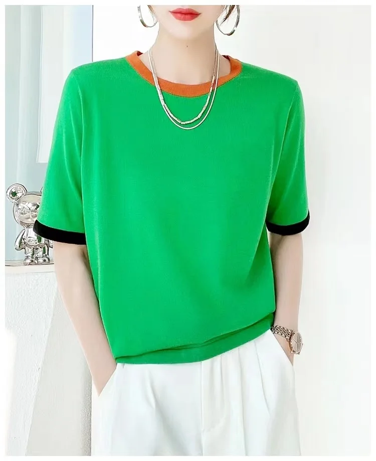 

color Contrast cuff ice silk top women 2023 simple loose round collar short sleeve knit T-shirt trend