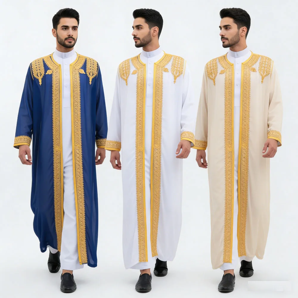 

Dubai Embroidered Traditional Arab Men's Thobe Robe Middle Eastern Ethnic Jubba Thoub Dishdasha Eid Djellaba Kimono Saudi Abayas