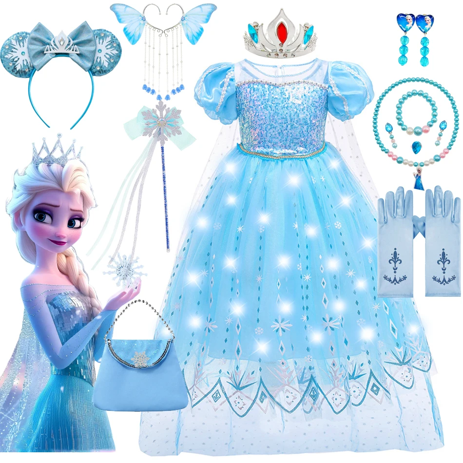 Disney Frozen Girls Dress Elsa Princess Cosplay Costume Kid Fancy Children Gowns Vestidos Snow Queen Sequins LED Flashing Light