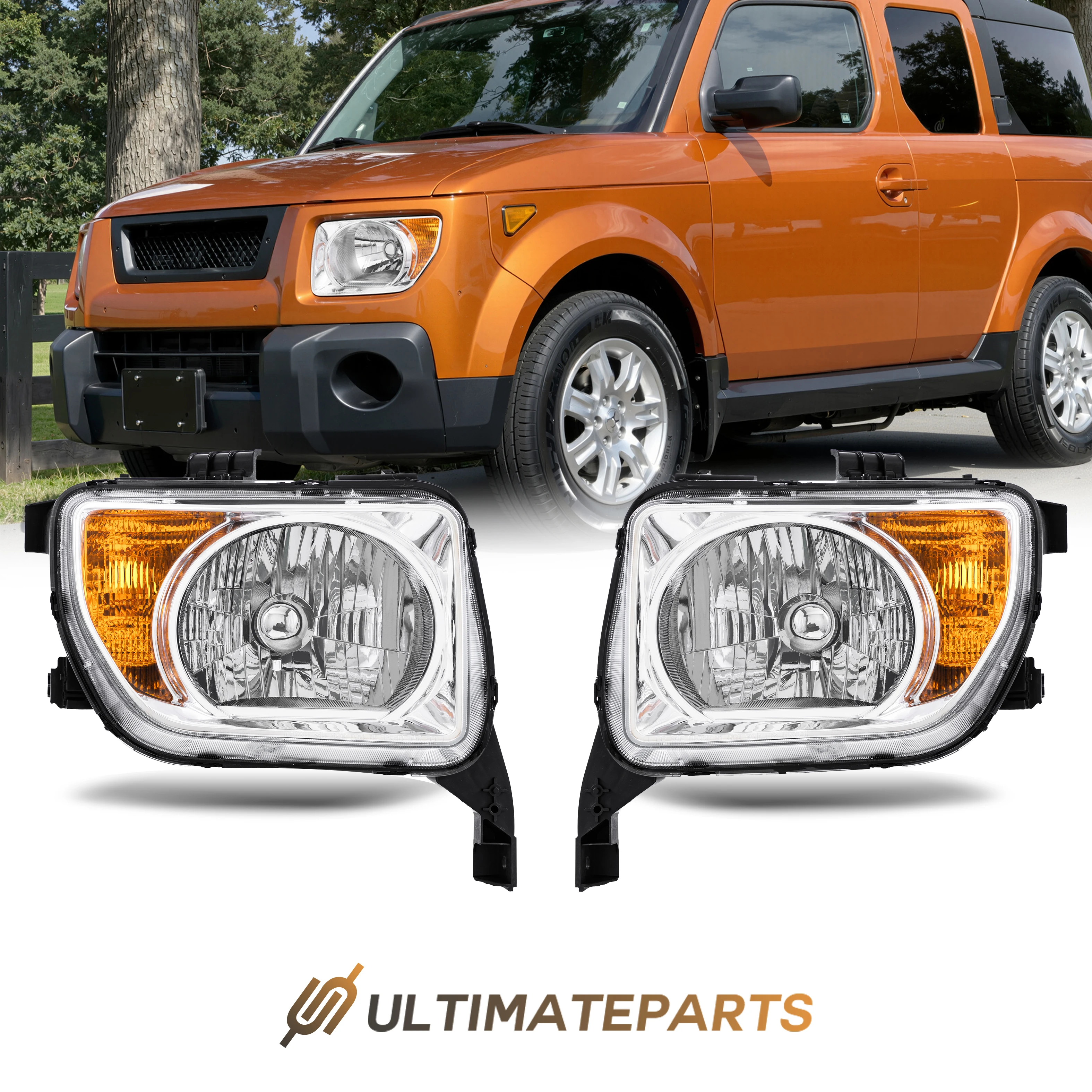 

2x R&L Chrome Headlights Amber Corner For 2003-2008 Honda Element EX LX 2.4L New