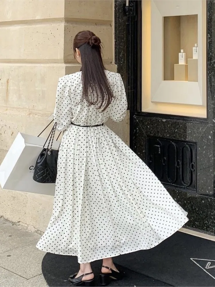 Spring Shirts Midi Dress Women Polka Dot Print Fashion Ladies Dresses Ruffle Pleated Korean Style Loose Long Sleeve Woman Dress