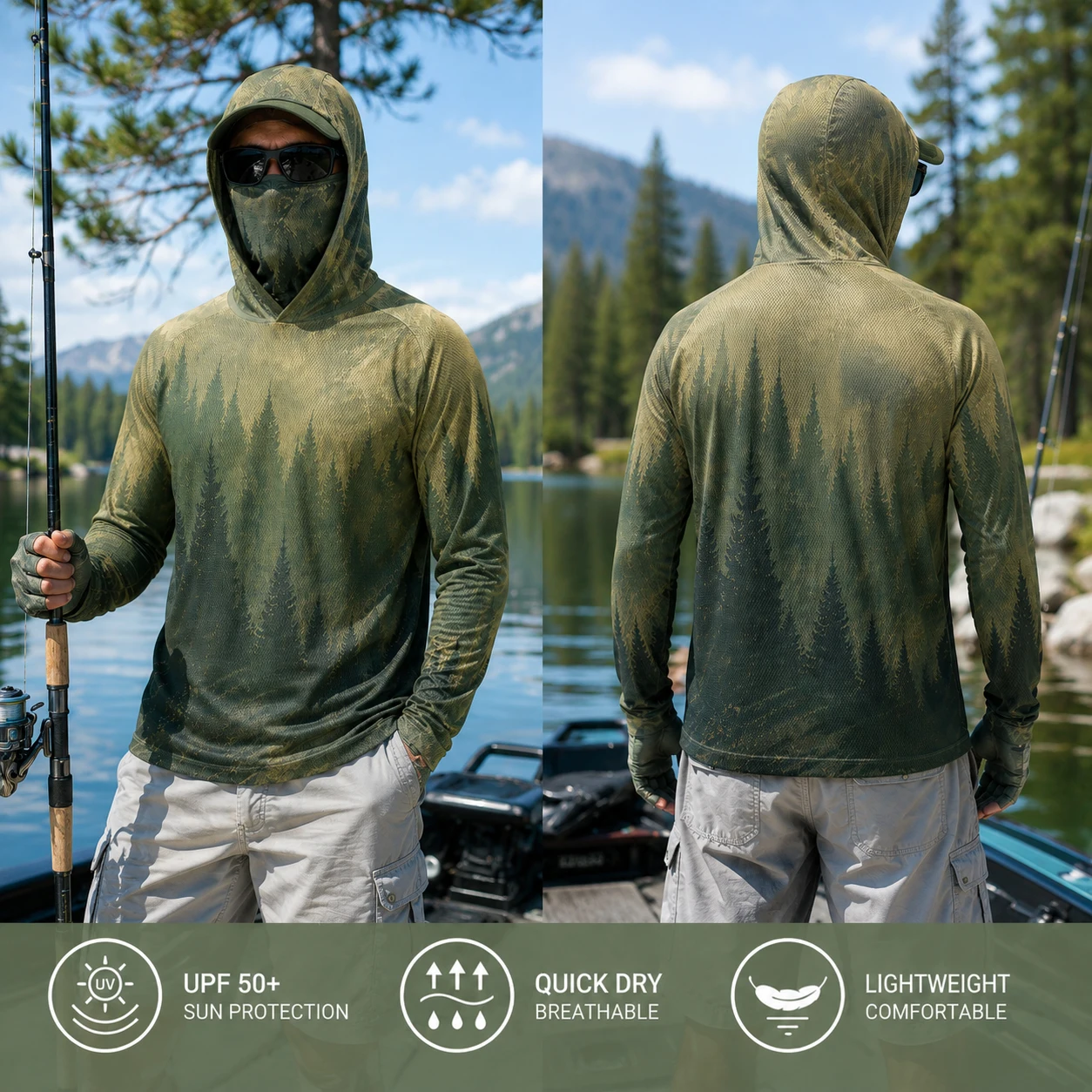 Herren Angelhemd mit Kapuze und Gesichtsmaske, UPF 50+ Sonnenschutz, Langarm, Outdoor-Performance-Hoodie