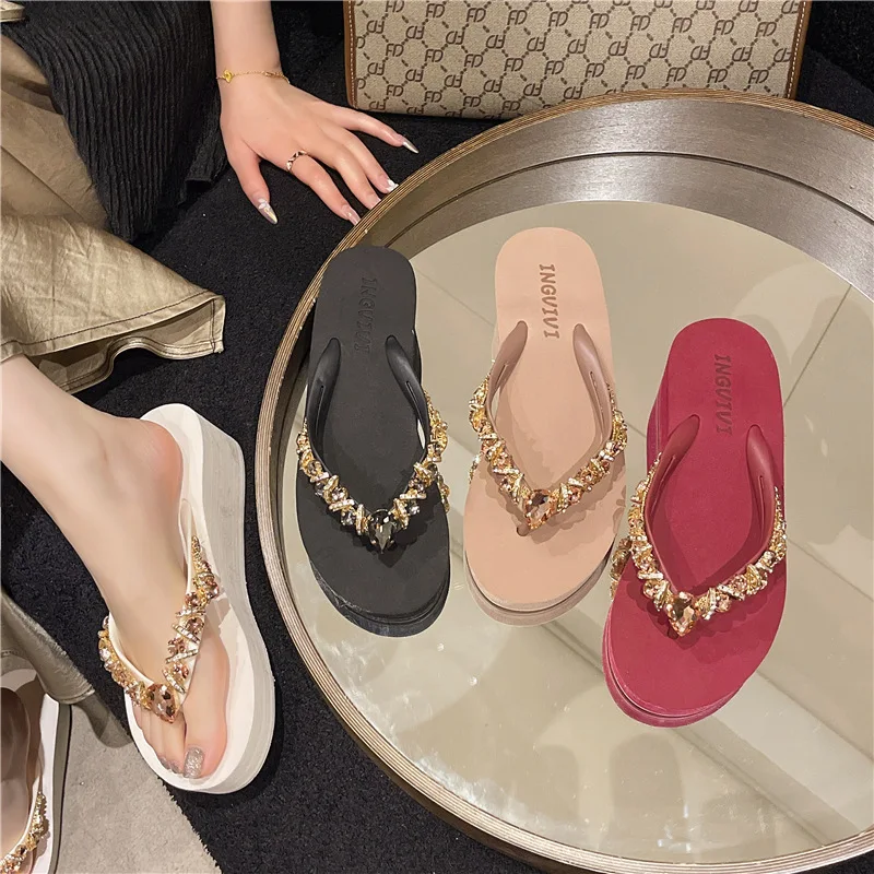 Shining Dazzling Diamond High Heels Fashionable Personalized Comfortable Soft Eva Beach Shoes 5Cm Heel Women's Sandals New