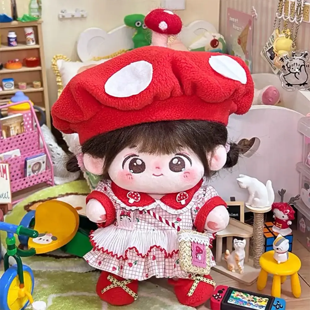 Kawaii 20CM Doll Clothes Cartoon Mushroom Shoes Bag Plush Overalls Photo Props Playing House Replacement Outfit Gift Toy