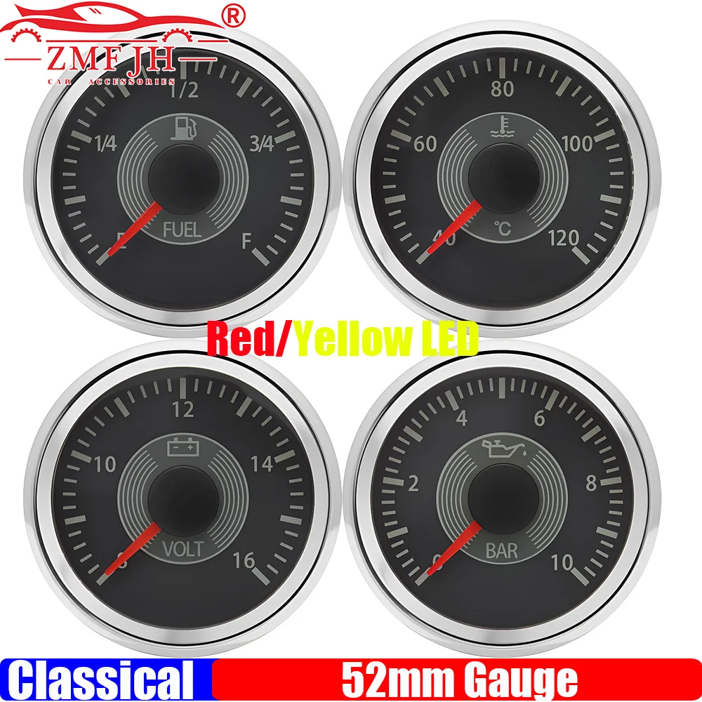 

ZMFJH Ретро Винтажный Стиль Автомобиль 2 "52 мм Датчик уровня топлива Измеритель давления масла Вольтметр температуры воды Красный Желтый Свет Классический