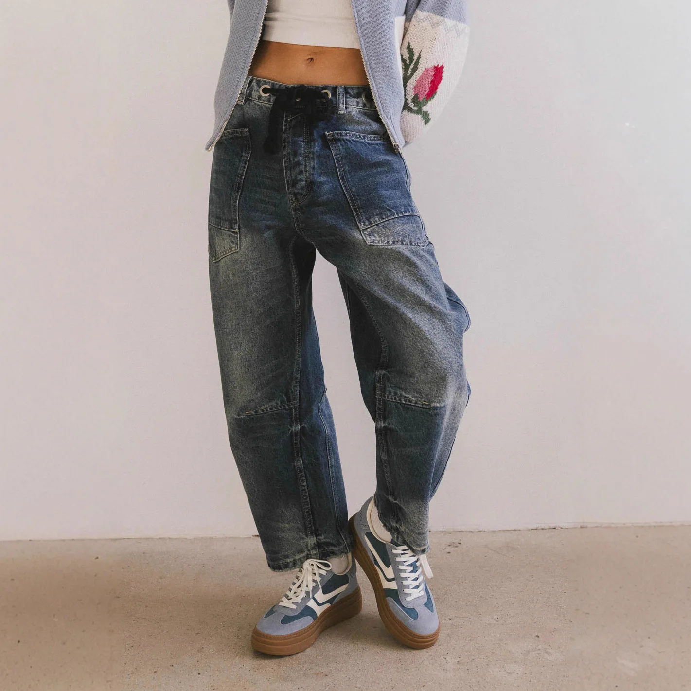 Women Denim Jeans Spliced Pants Pocket Lace Up Drawstring Mid Waist Full Length Straight Pants Loose Fit Streetwear 2026 Spring