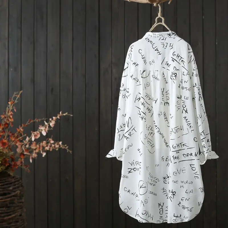 

Letter Printed Medium Length Long Sve irt Women's Faion Casual Button-Up PU Material Mid-Length irt