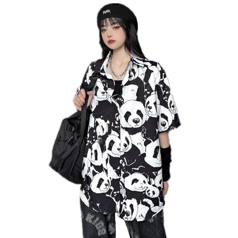 2023 Spring Summer Panda Print Vintage Long Sleeve Blouses Women Button Up Oversized Casual Shirt Harajuku Fashion Streetwear