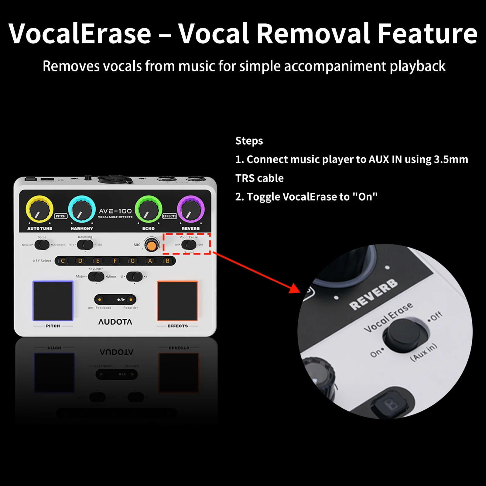 

Вокальный процессор AUDOTA AVE-100 — автоматическое определение связи, 3 режима Harmony и эффекты реверберации/задержки с входом XLR/Jack для живых выступлений