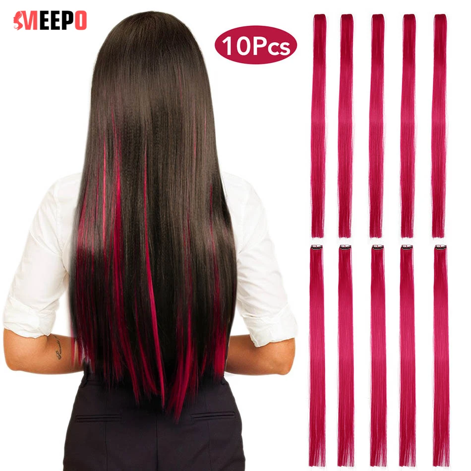 MEEPO Synthetic Hair Extensions 24 Inches Long Straight Hair 10Pieces/Set Colored Highlight Clip-In One Piece Pure Color