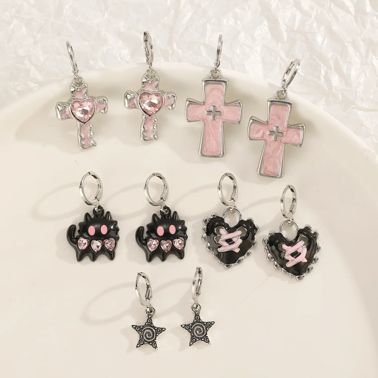 Goth Harajuku Vintage Aesthetic Pink Cross Crystal Star Heart Pendant Earring for Girl Y2K Grunge 2000s EMO Jewelry Accessories