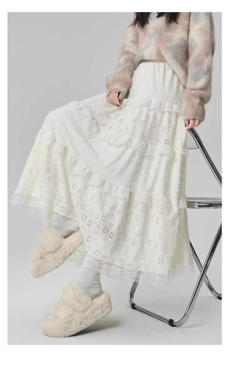 Gentle Wind High Waist A-Line Lace Splicing Long Skirt Women's Fairy Tale Cake Skirt Mid-Length Midi Skirt for Autumn Winter