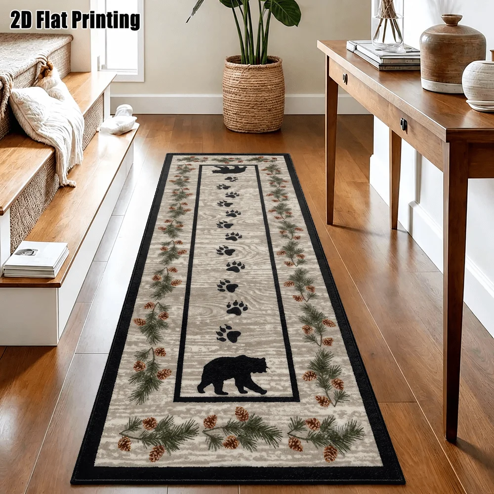 1Pc Rural Wooden House Style Black Bear Paw Print Long Carpet, American Retro Style Corridor Carpet, Suitable for Kitchen, Bedroom, Foyer, Balcony, Entrance, Bedside, Modern Light Luxury Style Home Soft Decoration