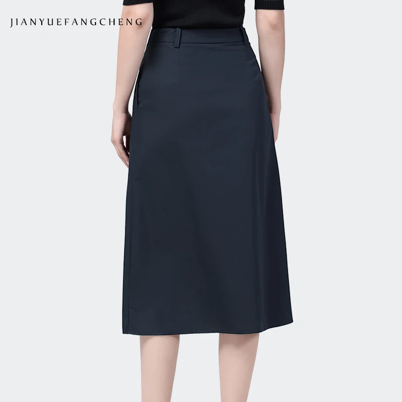 Womens Spring Summer Midi Skirt With Pockets Simple Solid Color High Rise A-line Casual Office Ladies Skirts