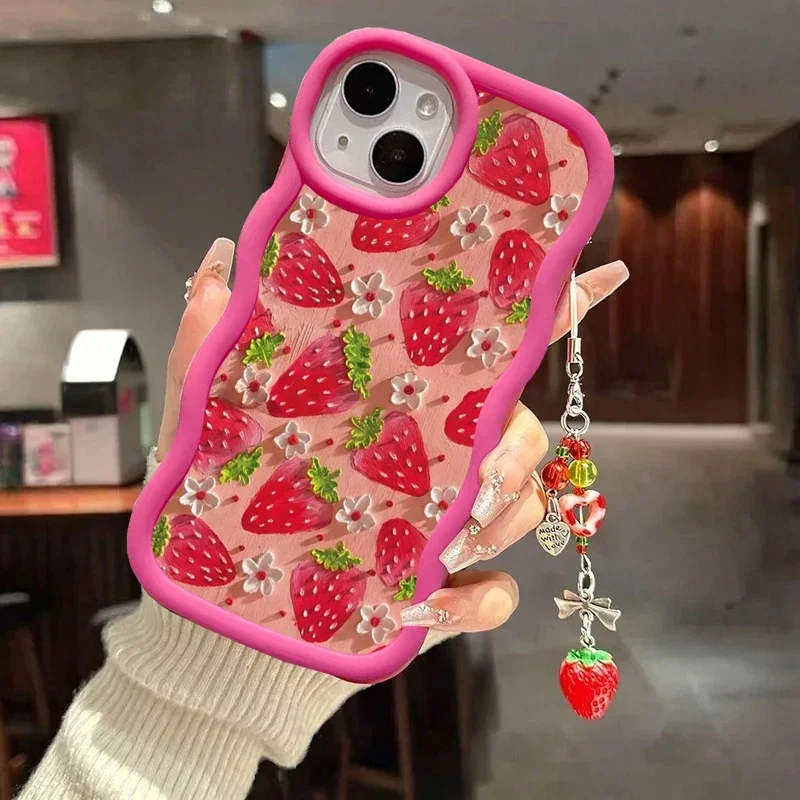 Pink Strawberry Chain Phone Case For Samsung Galaxy A54 A35 A34 A25 A26 A17 A07 A06 A05 A05S A52 A53 S20 S21 FE Silicone Cover
