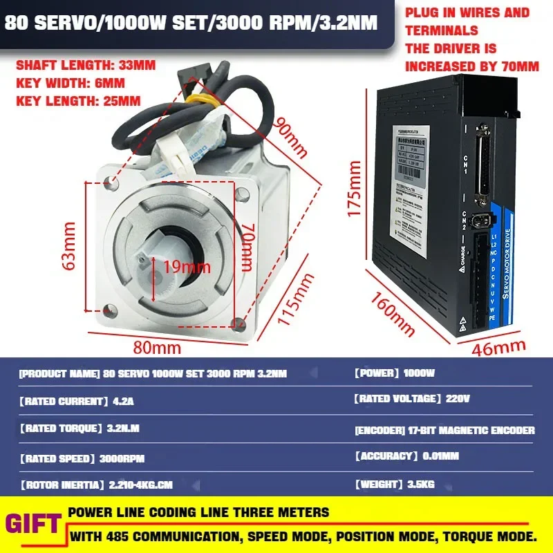 Imagem -05 - Codificador Incremental de 17 Bits Ac220v 750w Servo Motor 2.4nm 3000rpm ou 1kw ac Servo Motor 3.2nm 3000rpm com Driver Ac220v Cnc