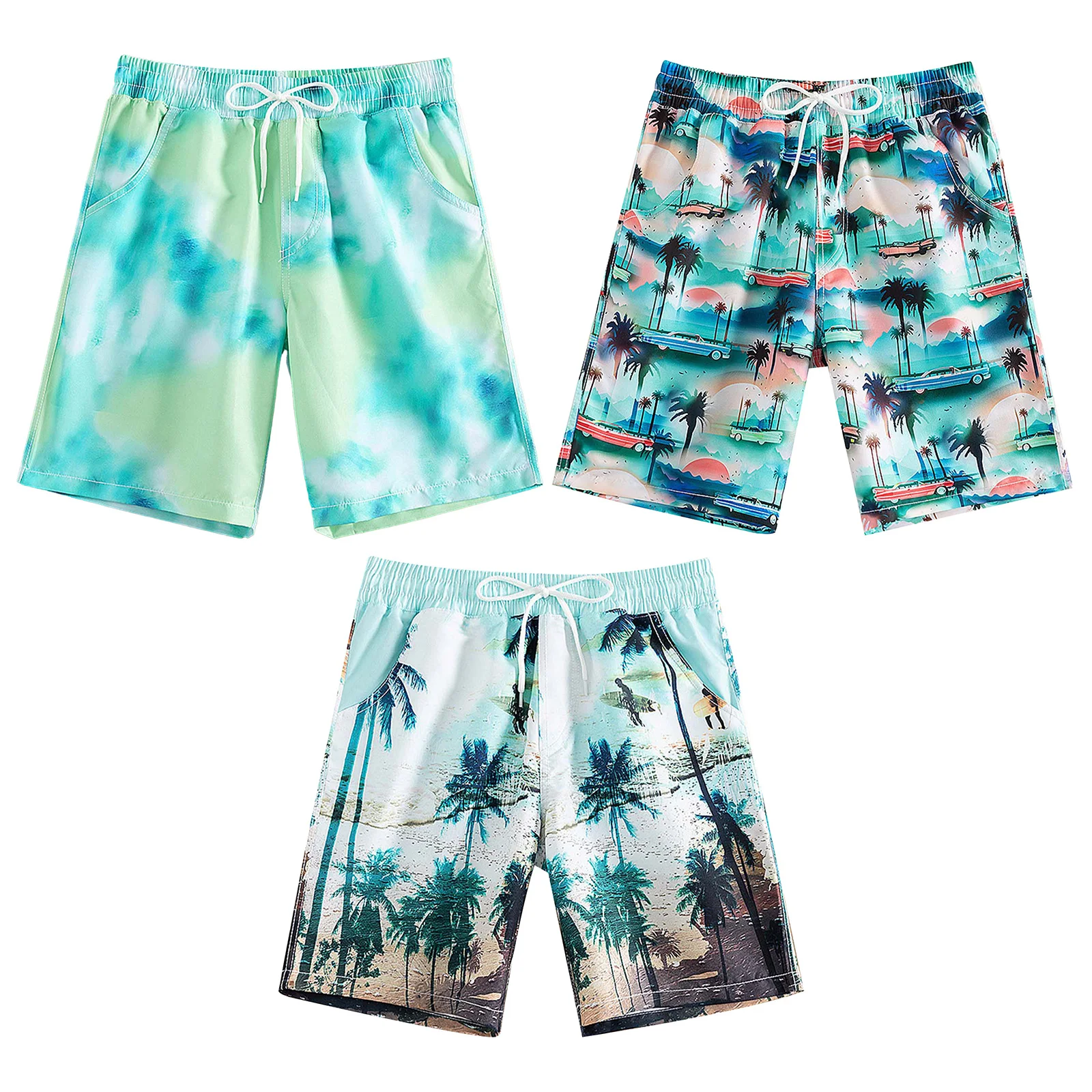 Pantaloncini da bagno stampati per bambini e ragazzi, elastico in vita con fiocco cucito e tasche laterali per il nuoto, il bagno, le vacanze