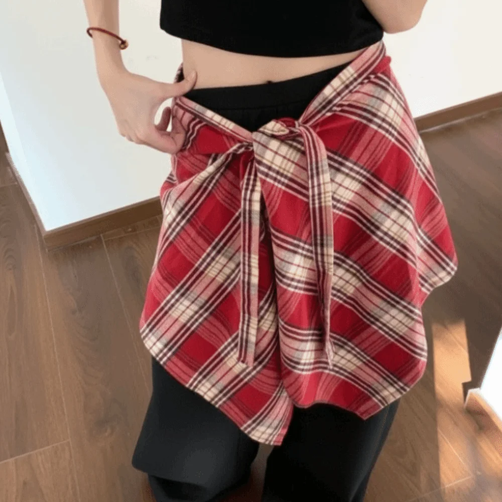 Half Body Skirt Irregular Plaid Skirt Hip-hop Vintage Grid Wrap Skirt Underskirt Petticoat Waist Seal Skirt American Retro Style