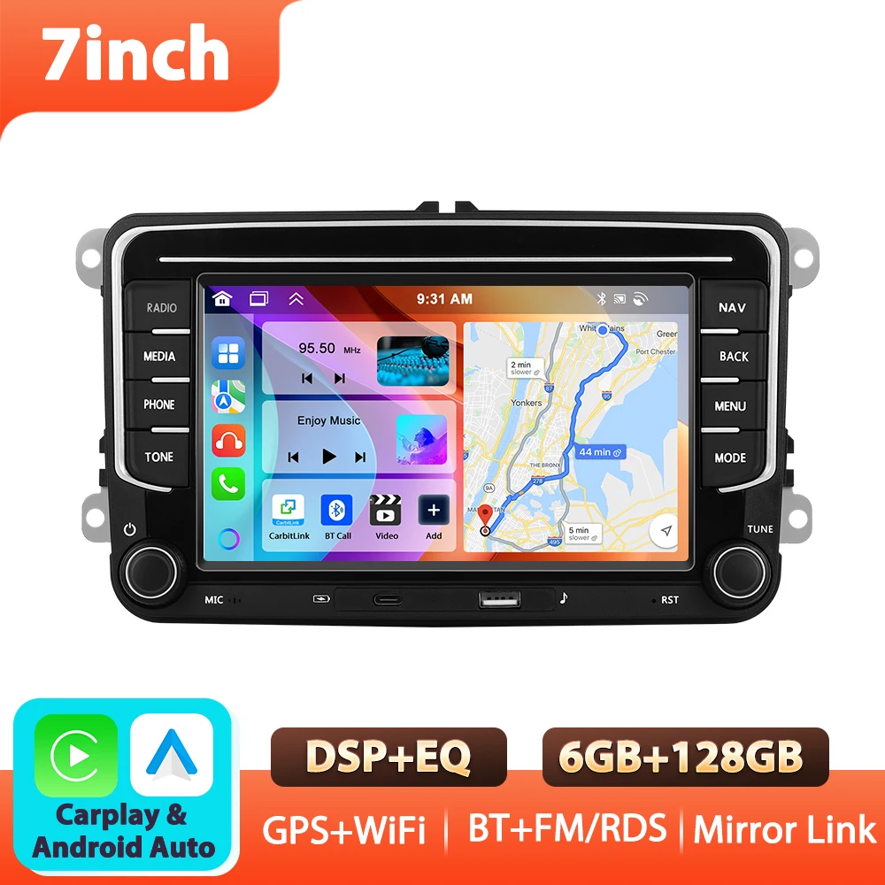 Podofo 7'' 6+128G autoradio voor VW/PASSAT/GOLF/POLO/BORA multimediaspeler WIFI Carplay Android Auto BT EQ Sound DSP autostereo
