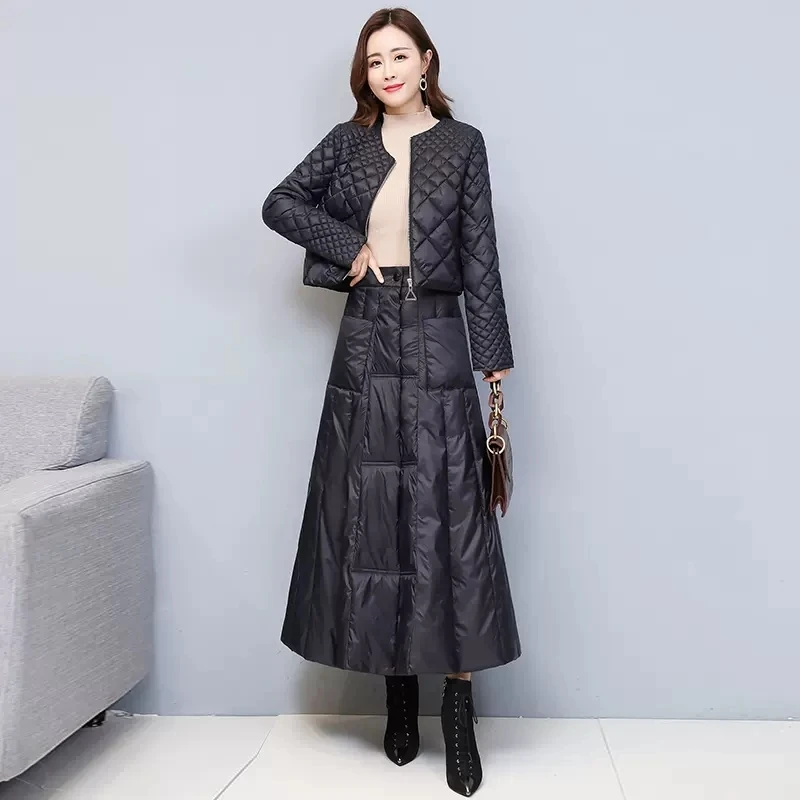 

Down cotton Coat + skirt suit 2022 New women's autumn and winter high waist a-line skirt fashion cotton two-piece suit winter