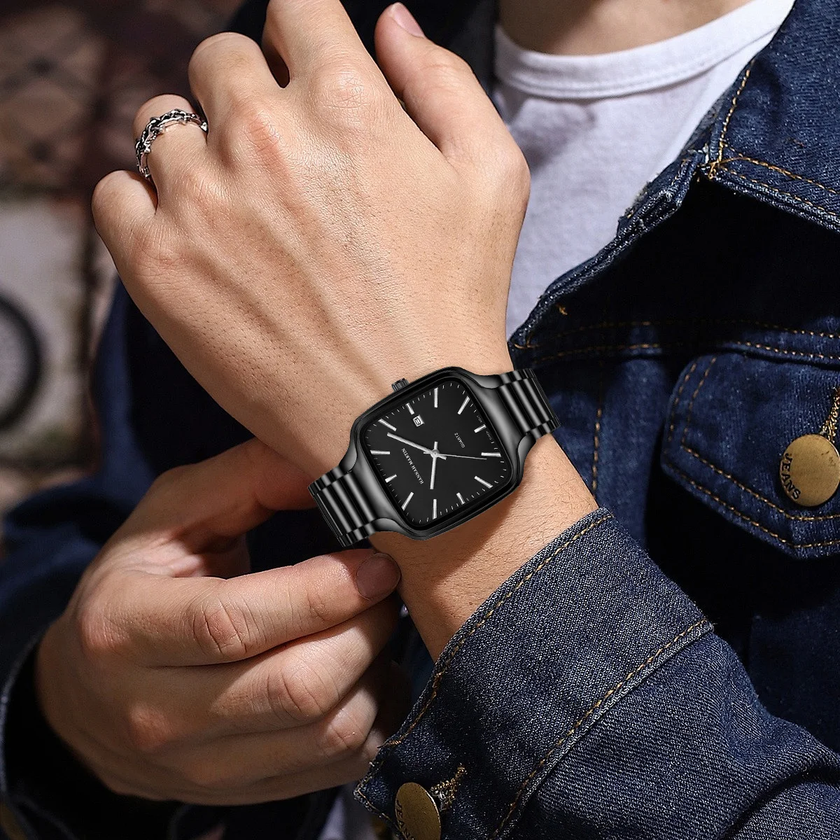 هانا مارتن العلامة التجارية الرجال الساعات السوداء مربع الفولاذ المقاوم للصدأ حزام 3Bar مقاوم للماء حركة الكوارتز اليابانية ساعة رياضية للرجال