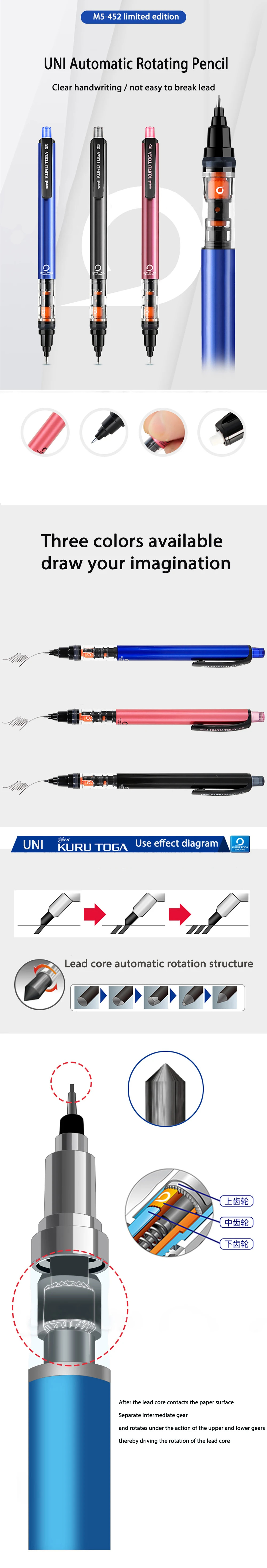 UNI Druckbleistift M5-452 Kuru Toga 0,5 mm Nachfüllung, rotierende Spitze, einziehbare Zeichnung, Kunst, Schreibwaren, Schulbedarf, Lapices – Detail 3