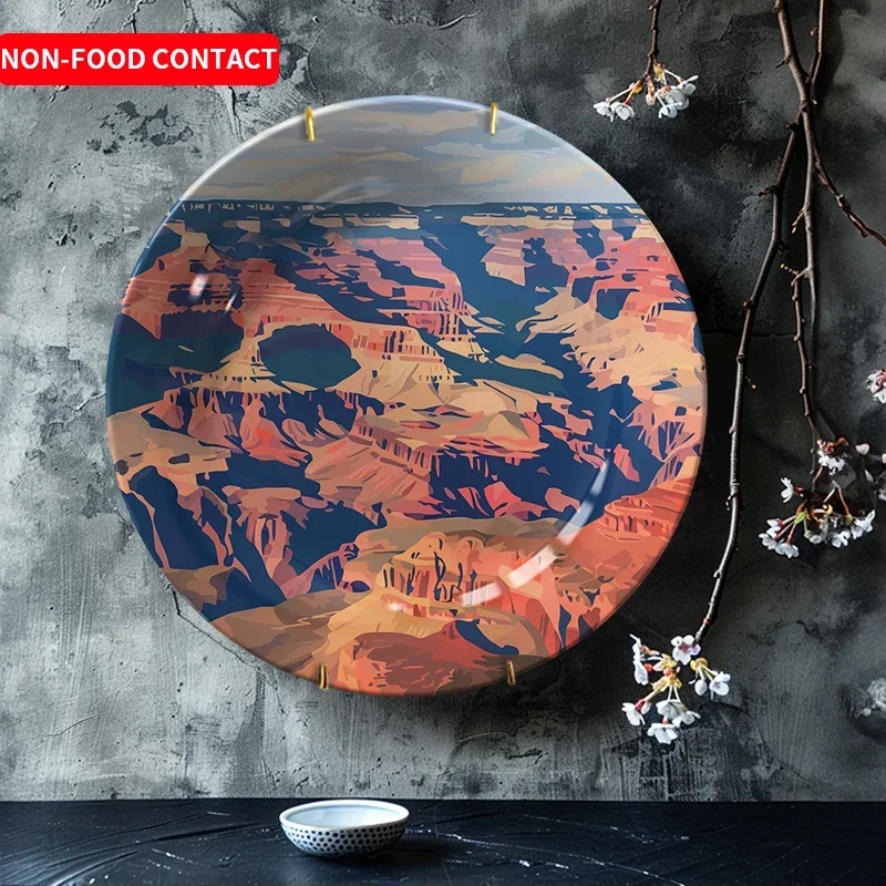 1pc Hand-Painted Canyon Landscape Ceramic Wall Art Plate - Round Non-Food Contact Decorative Art for Home, Living Room, Study -
