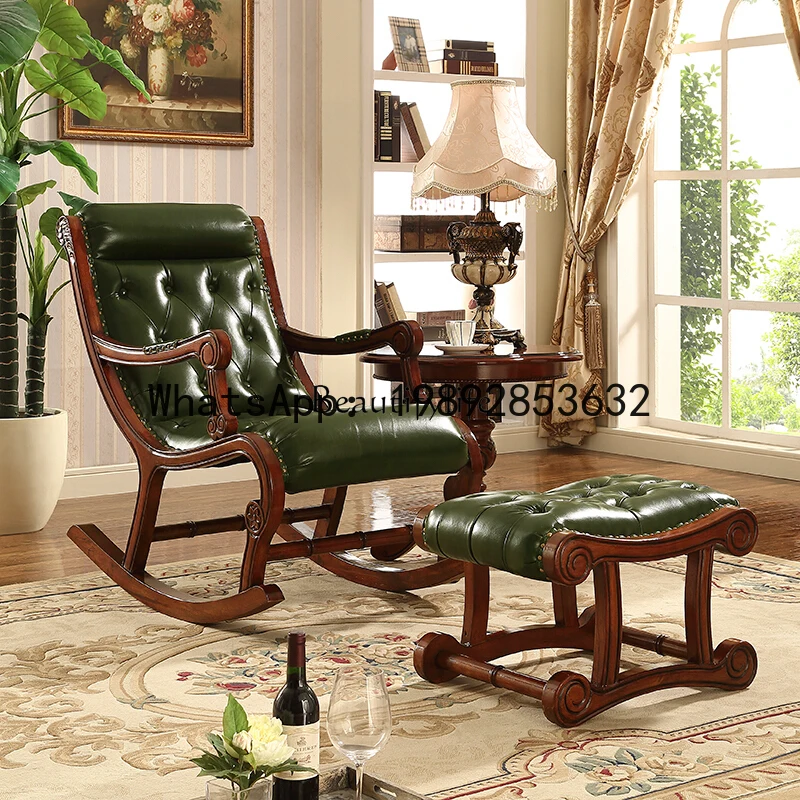 

solid wood rocking chair lazy sofa balcony leather lunch break recliner European style