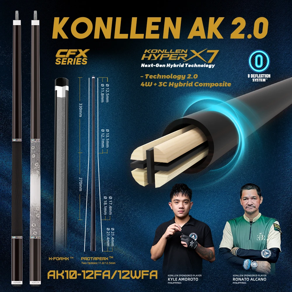 

KONLLEN Carbon Fiber Pool Cue Stick Low Deflection 12.5mm Tip Pool Stick with Radial Pin Professional 58‘’ Billiard Cue