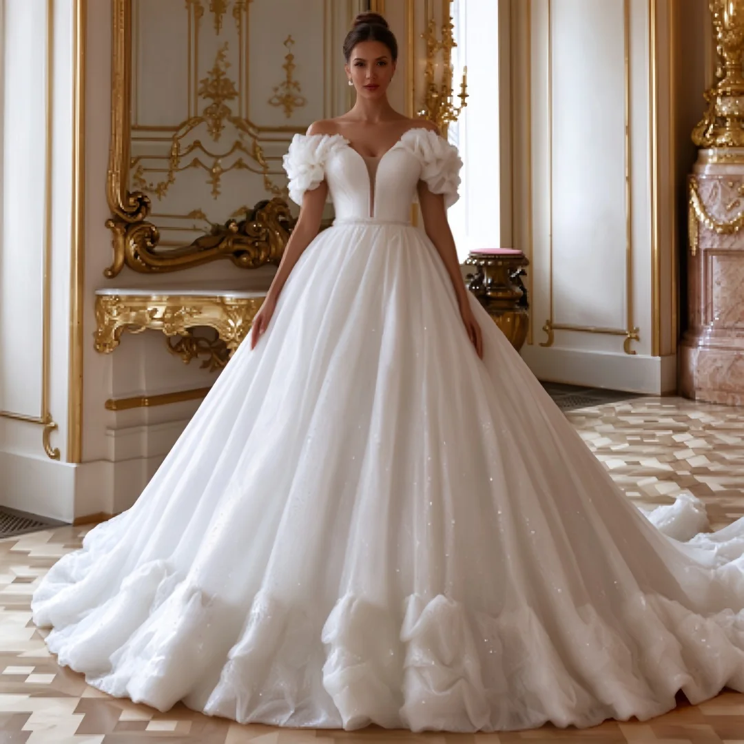 Princess Ball Gown Wedding Dress Glitter Tulle Long Train Bride Dresses with Ruched Off the Shoulder Sleeves Customized