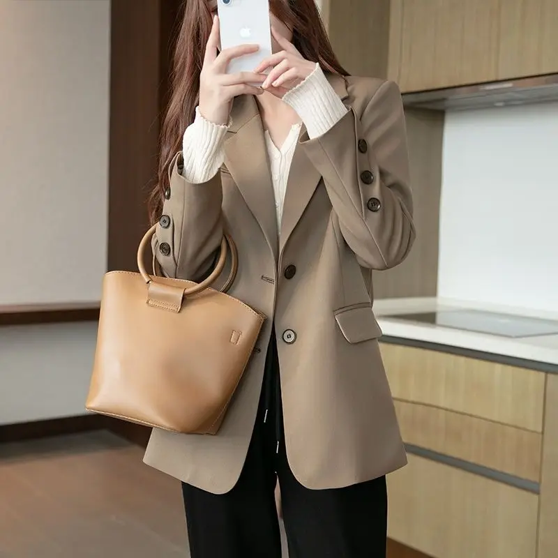 Autumn Winter Women\'s Clothing Solid Color Button Up Turn-down Collar Cardigan Coats for Formal Casual Suits Blazer Tops