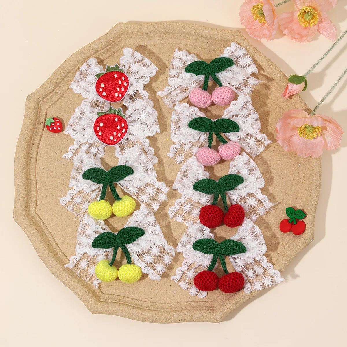 

20pc Baby Lace Embroidered Hair Clips Set Crochet Cherry Bows Hairpins Strawberry Barrettes Girls Hair Accessories for Kid Party