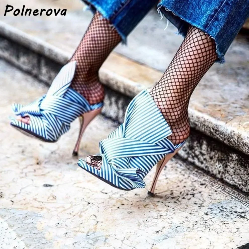 

Pleated Stripes Slippers Blue White High Heels Slingback Slip On Concise Shoes Women's Fashion Leisure Concise Summer Shoes