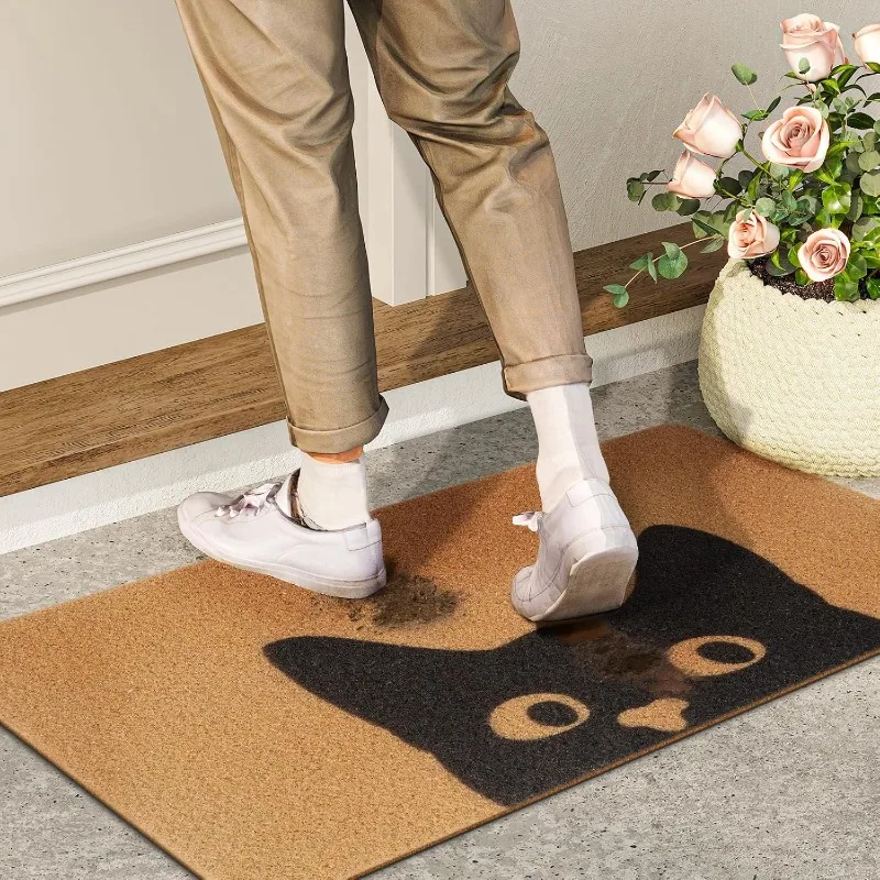 1 Beautiful Door Mat Outdoor and Indoor Welcome Rugs Cute Cat Doormat 100% Polyester Anti Slip and Durable Entrance Carpets