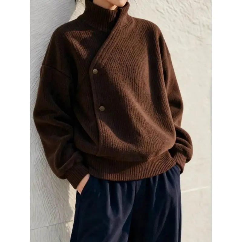 

Винтажный элегантный коричневый пуловер, свитер с воротником-стойкой, вязаный топ на пуговицах нестандартной формы, элитные женские шикарные зимние наряды для офиса и леди