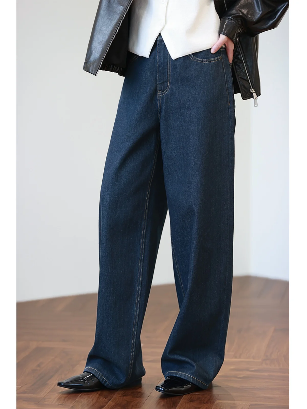 

Американские ретро-джинсы с высокой талией и прямыми штанинами, женские, темно-синие, утягивающие, повседневные, свободного кроя, джинсовые брюки с широкими штанинами