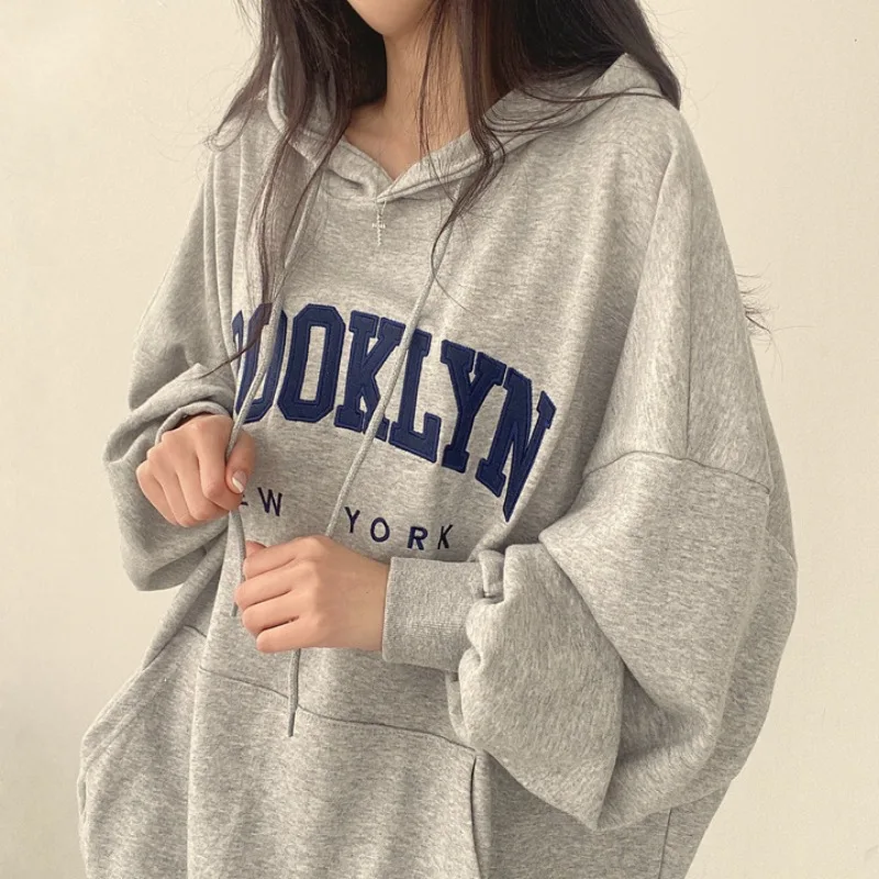 BROOKLYN Letter Print Hoodies Women Retro Chic Long Sleeve Loose Pullovers 2023 Harajuku Casual Hooded Sweatshirt Y2K Streetwear