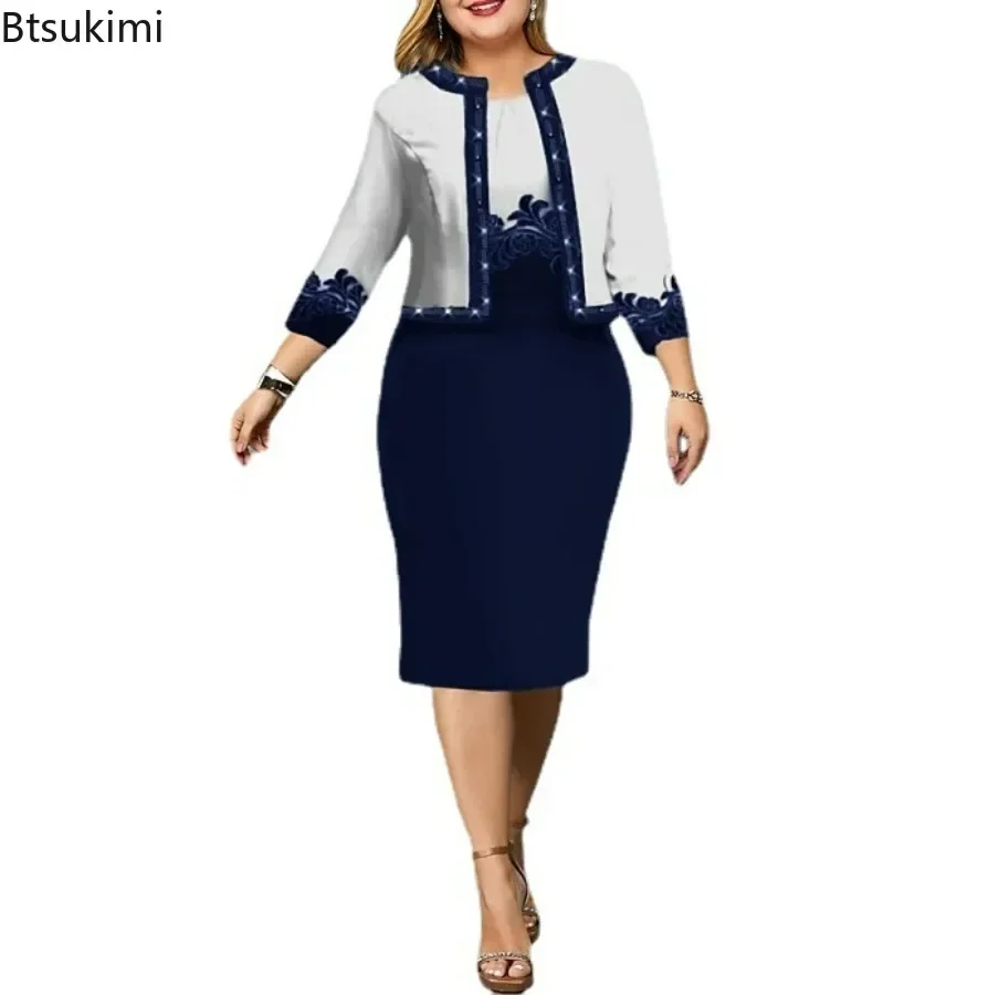 2025 Set di abiti da donna eleganti con stampa digitale in 2 pezzi Abito a tubino slim fit con scollo a O + Cappotto corto con maniche a 3/4 con