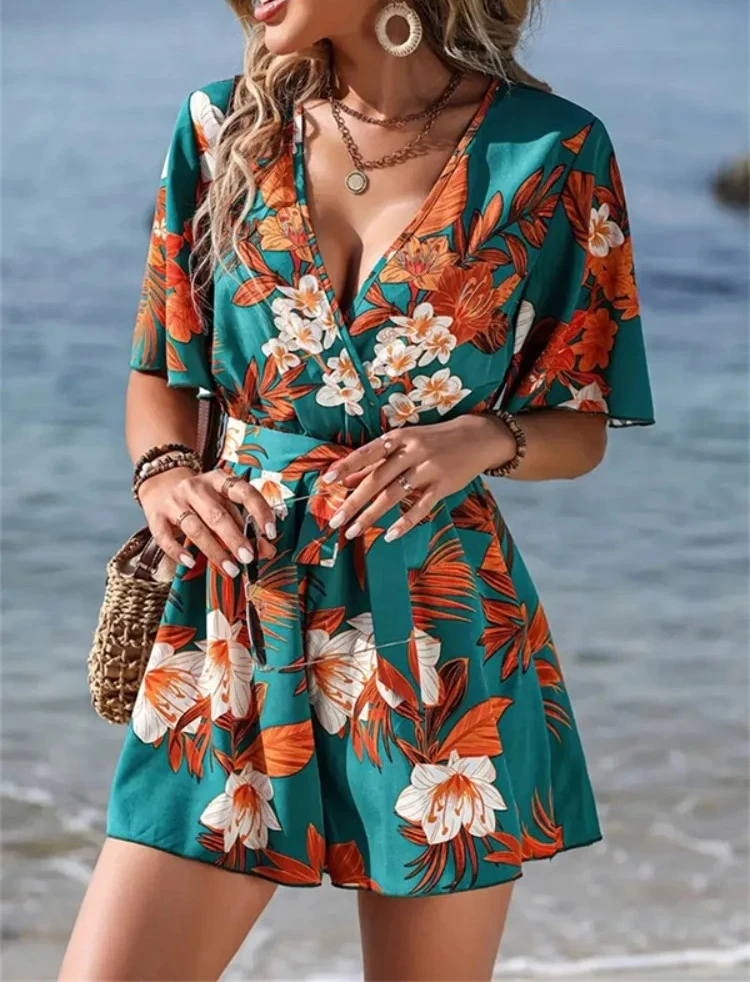 

Women's New Floral Printed Wrap V-Neck Romper Belted Half Sleeves Casual Summer Vacation Beach Playsuit