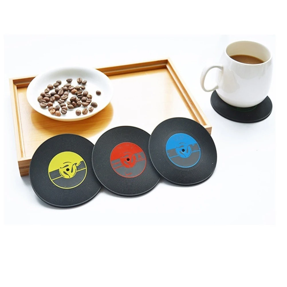 

8pcs Record Coaster PVC Cup Mat Yellow Placemat Retro Design Dishwasher Safe Heat Resistant Non Slip Rubber Bottom Wide Size
