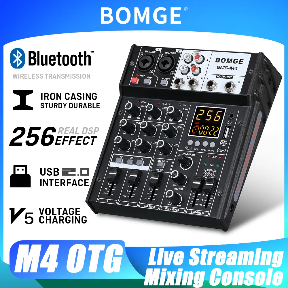 BOMGE 4 Channel Audio Mixer with OTG 2-Band EQ 256 DSP Digital Console Effects RCA Connects to Computer PC Mobile Phone